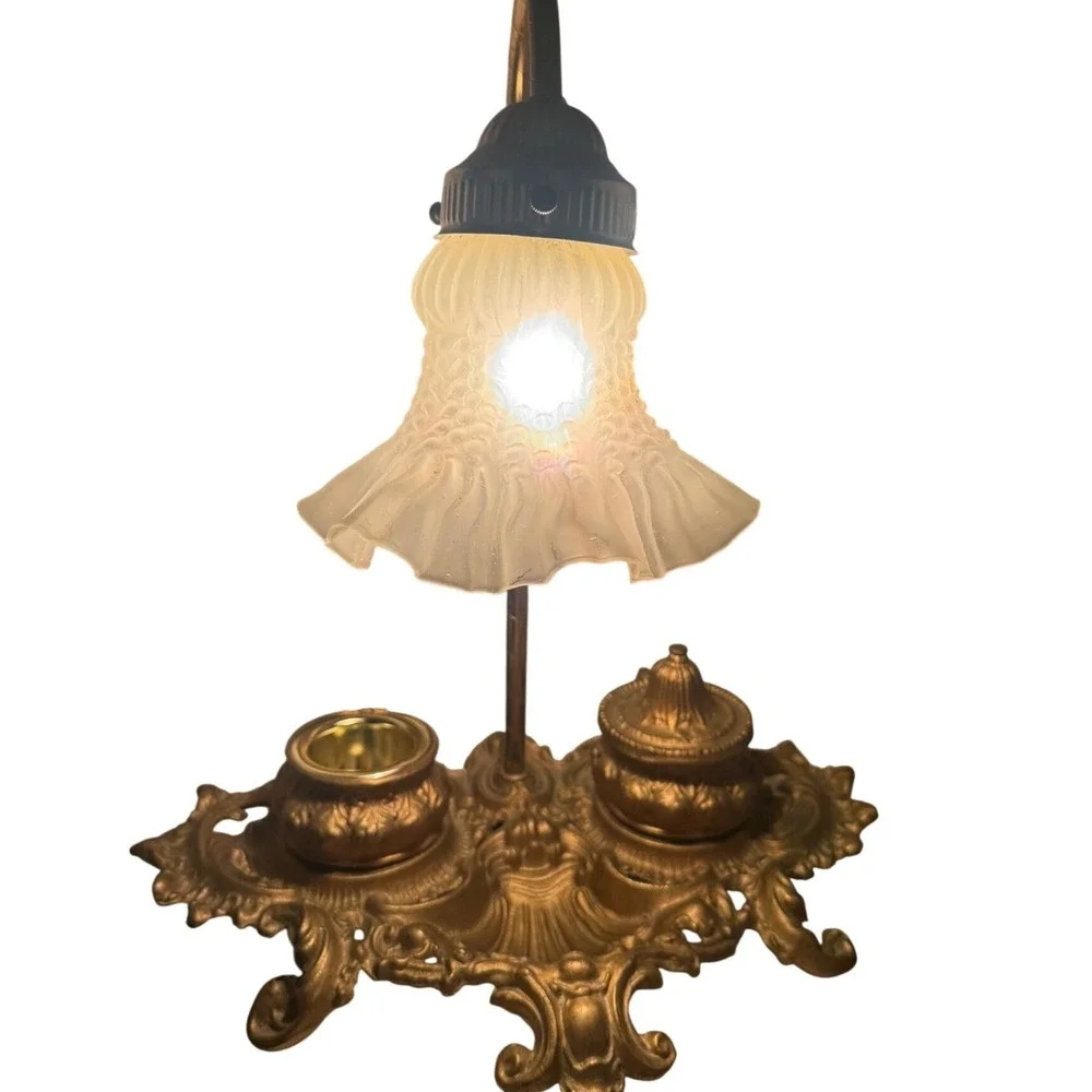 Vintage Brite Metal Ornate Brass Desk Lamp with Dual Inkwell Frosted Glass Tulip